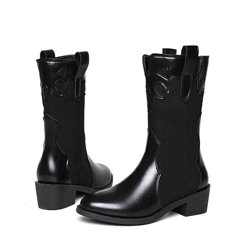 Black White Cowboy Boots Women Low Heel Mid Calf Shoes-7