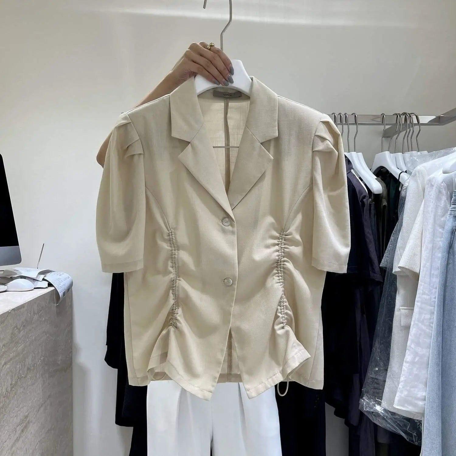 LOVEMI - French V-Drawstring Folded Waist Blouse Women's Suit Collar