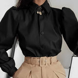 LOVEMI Blousse Black / L Lovemi -  Long Puff Sleeve Turn Down Collar Women Leather Shirt