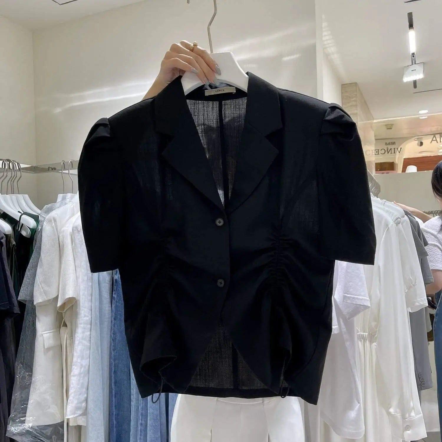 LOVEMI Blousse Black / One size Lovemi -  French V-Drawstring Folded Waist Blouse Women's Suit Collar
