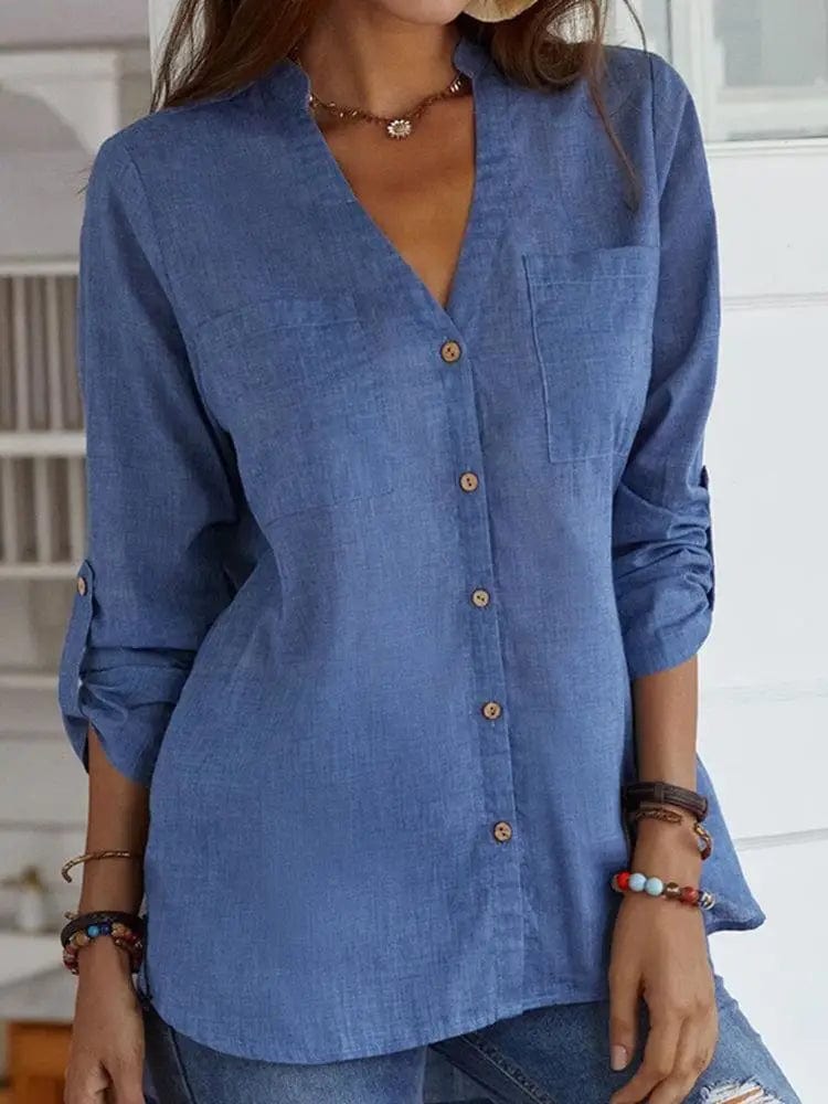 LOVEMI Blousse Blue / S Lovemi -  V-neck Solid Color Casual Loose Long-sleeved Top