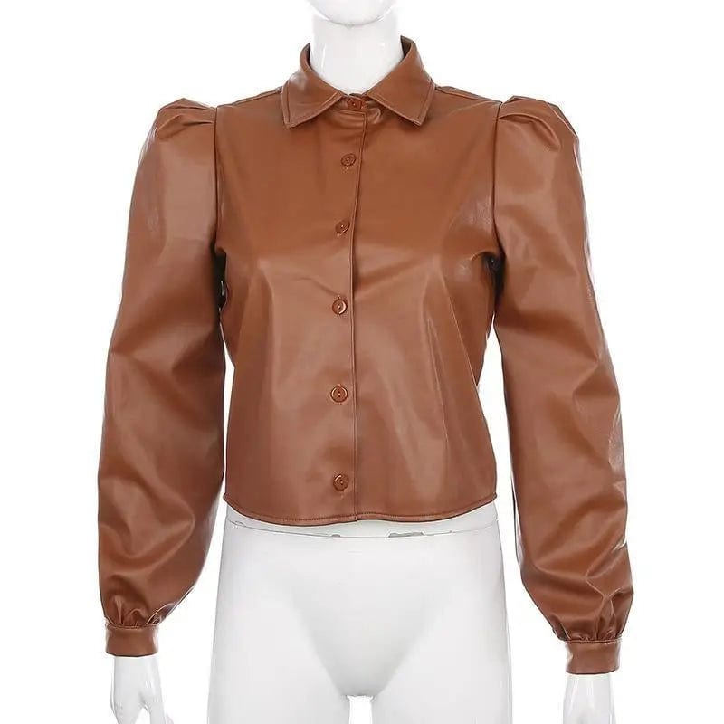 LOVEMI Blousse Brown / S Lovemi -  Long Puff Sleeve Turn Down Collar Women Leather Shirt