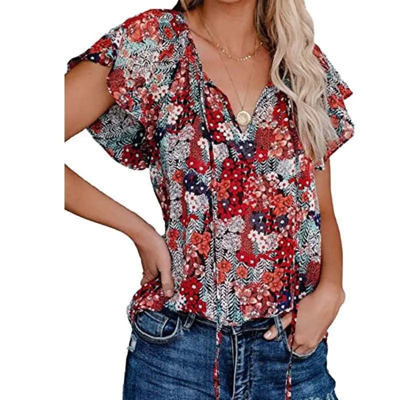 LOVEMI Blousse C / S Lovemi -  Women's Casual Short-sleeved Loose Print V-neck Shirt Top