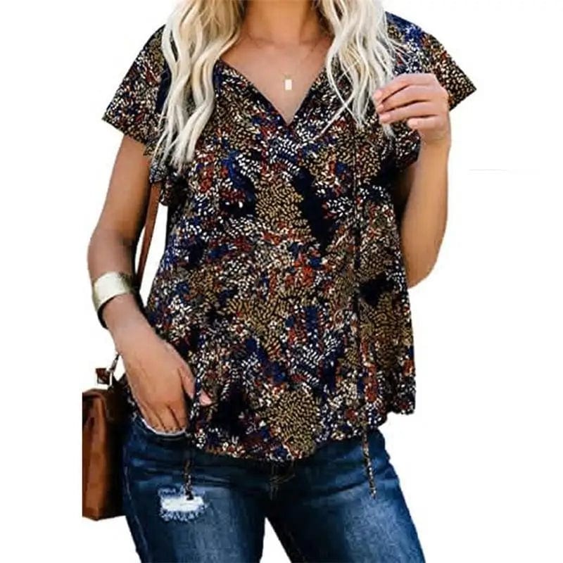 LOVEMI Blousse D / S Lovemi -  Women's Casual Short-sleeved Loose Print V-neck Shirt Top