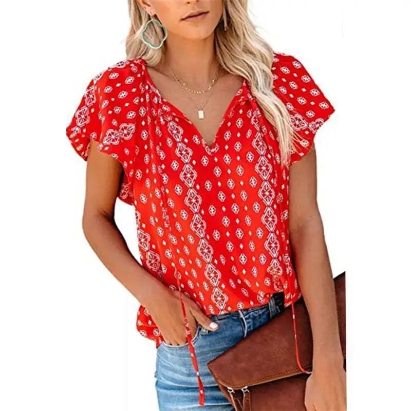 LOVEMI Blousse E / S Lovemi -  Women's Casual Short-sleeved Loose Print V-neck Shirt Top