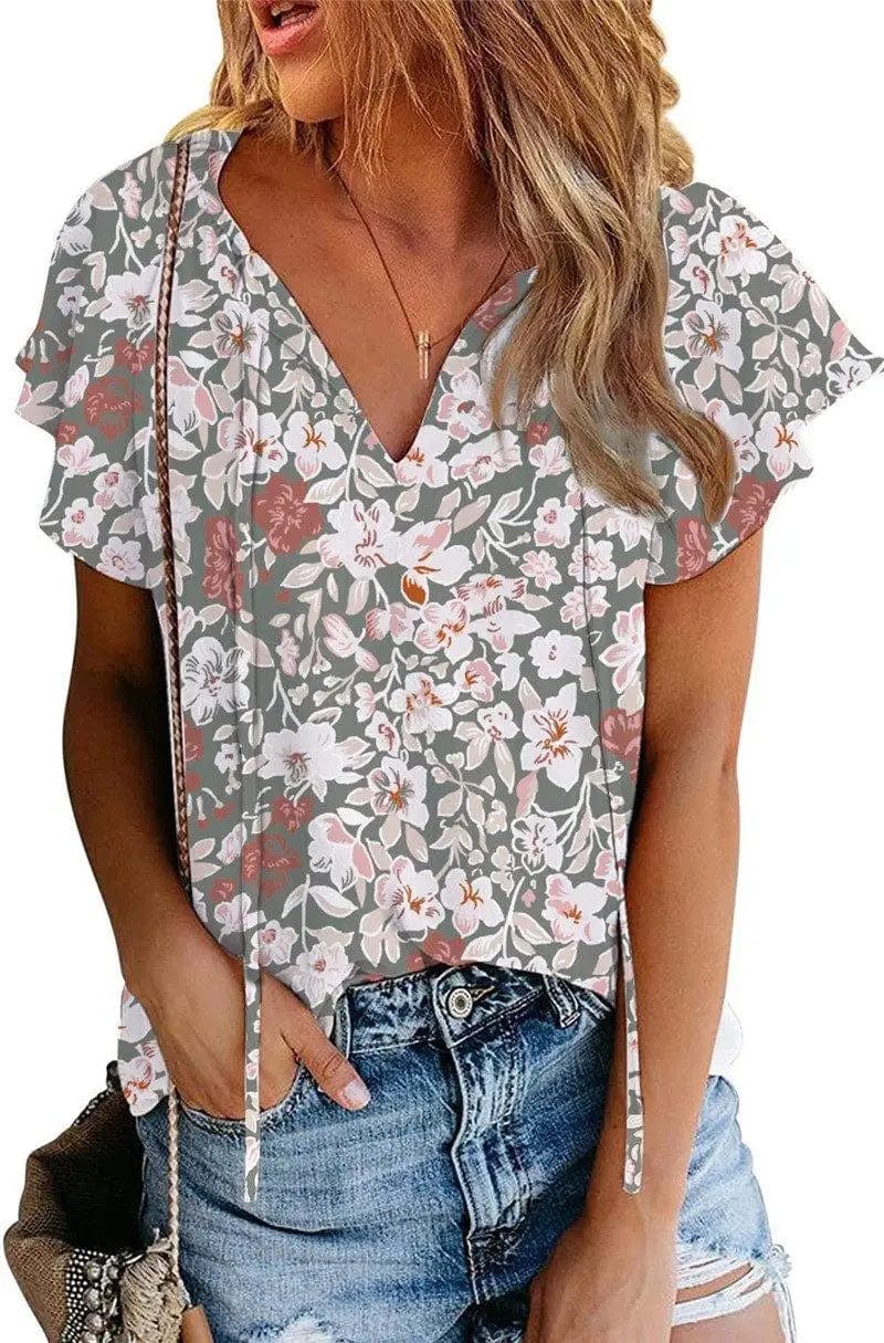 LOVEMI Blousse G / S Lovemi -  Women's Casual Short-sleeved Loose Print V-neck Shirt Top