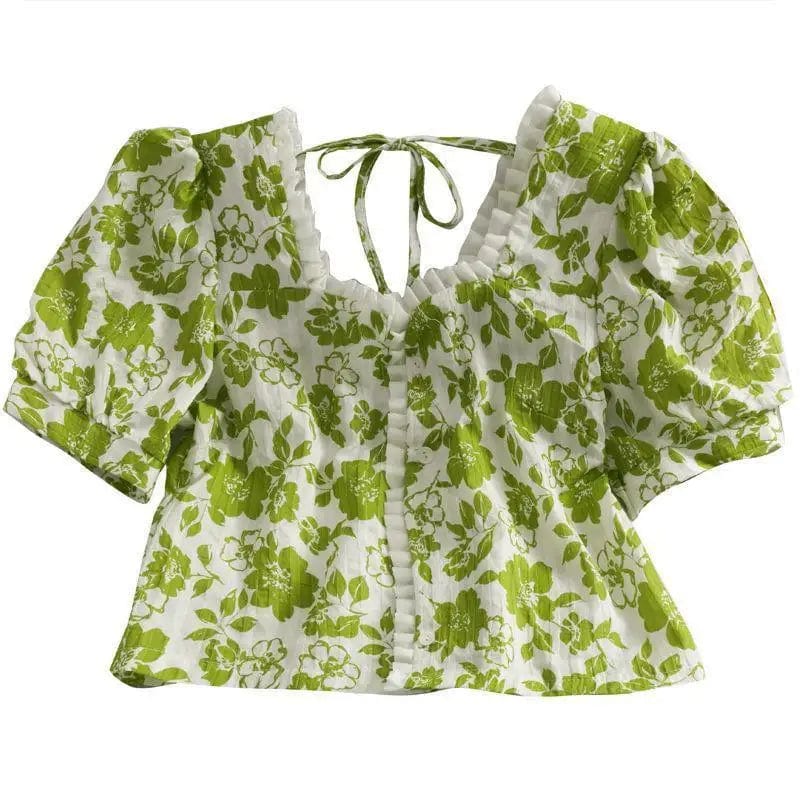 LOVEMI Blousse Green / One size Lovemi -  Short Slim Small Shirt With Stitching Wood Ears