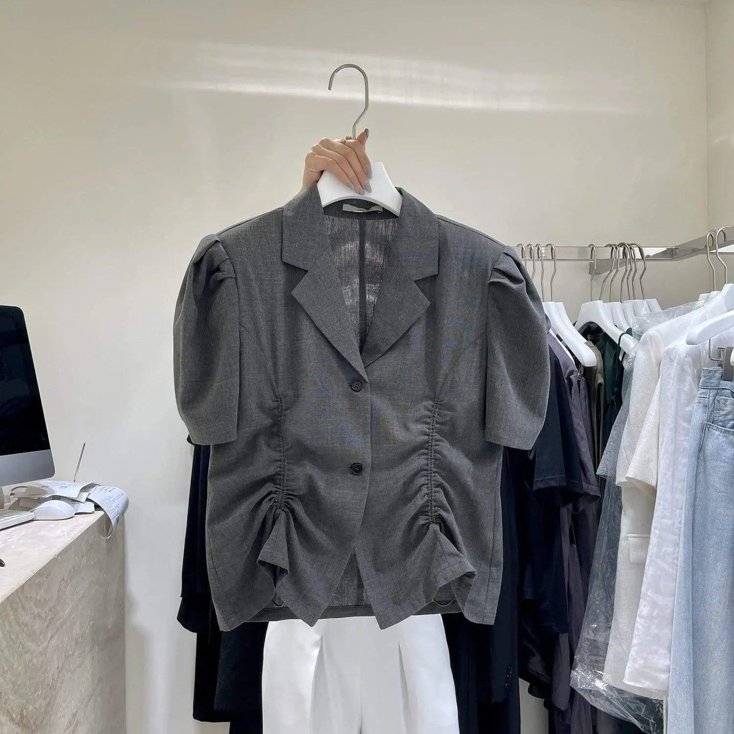 LOVEMI - French V-Drawstring Folded Waist Blouse Women's Suit Collar