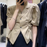 LOVEMI Blousse Khaki / One size Lovemi -  French V-Drawstring Folded Waist Blouse Women's Suit Collar