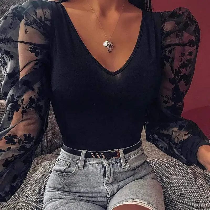 LOVEMI  Blousse Lovemi -  Sexy V-neck floral mesh splicing bottoming shirt
