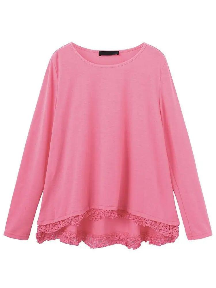 LOVEMI - Women Lace Patchwork Solid Color T-Shirts Tops