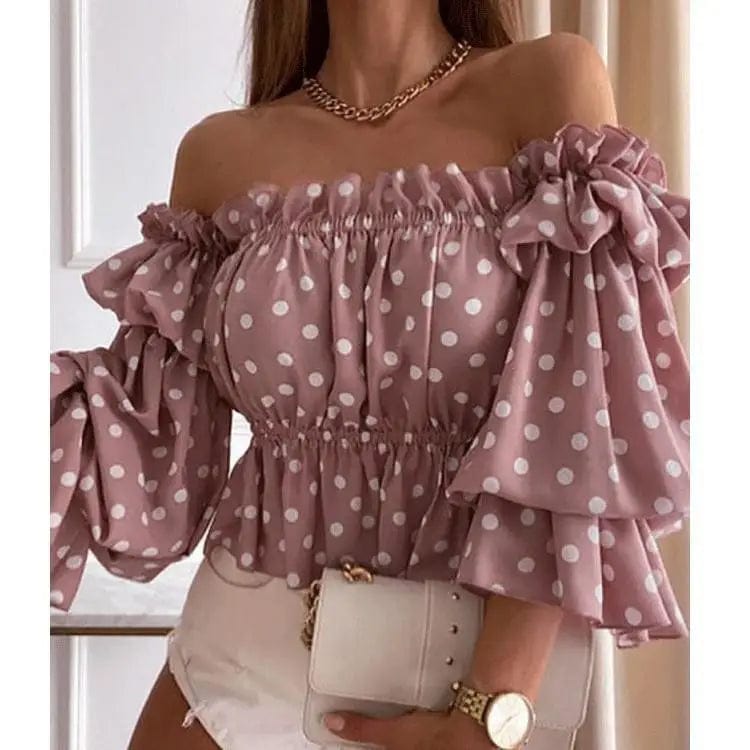 LOVEMI  Blousse pink dots / L Lovemi -  Sexy Leaky Shoulder Long-Sleeved