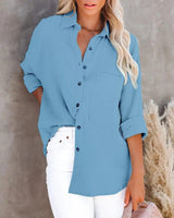 LOVEMI  Blousse Skyblue / S Lovemi -  Simple Long Sleeve V Neck Button Ladies Cotton Linen Shirt