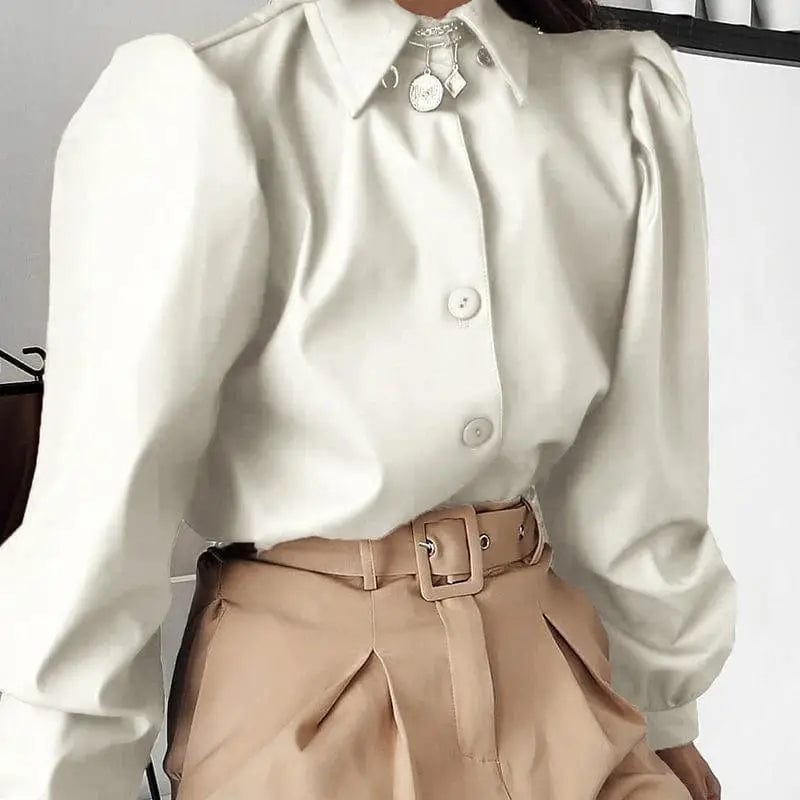 LOVEMI Blousse White / M Lovemi -  Long Puff Sleeve Turn Down Collar Women Leather Shirt