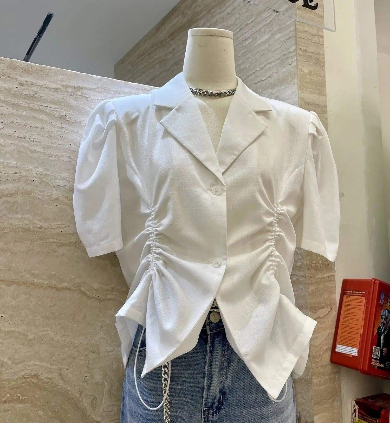 LOVEMI Blousse White / One size Lovemi -  French V-Drawstring Folded Waist Blouse Women's Suit Collar