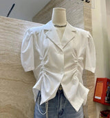 LOVEMI Blousse White / One size Lovemi -  French V-Drawstring Folded Waist Blouse Women's Suit Collar