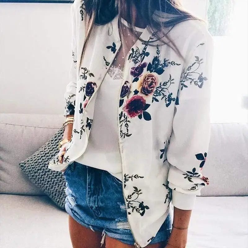 LOVEMI Blousse white / XL Lovemi -  Printed round neck zipper long sleeve jacket