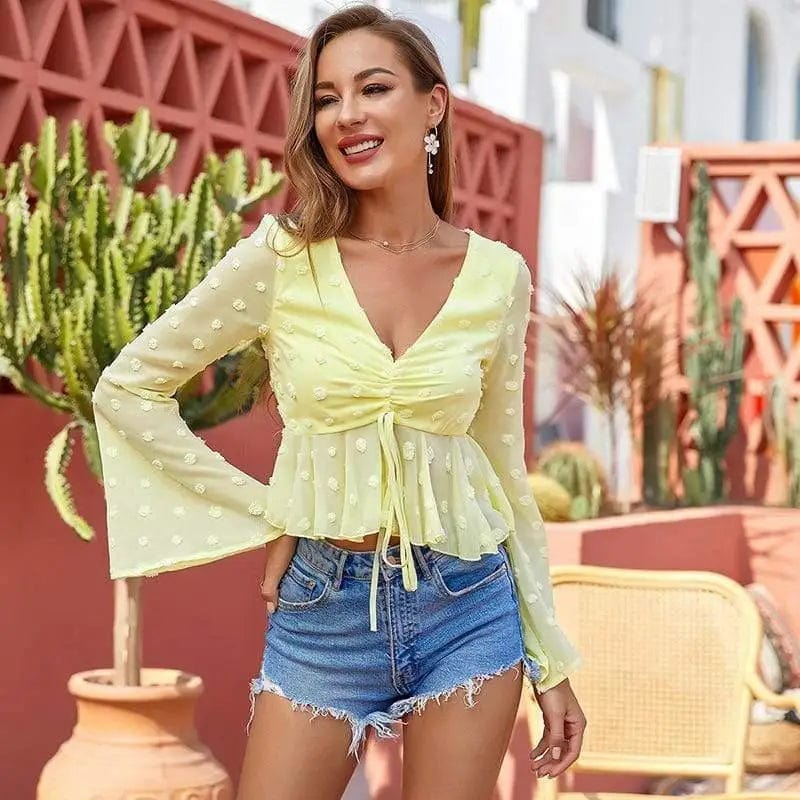 LOVEMI Blousse Yellow / S Lovemi -  Sexy European And American Shirt Women's Lace-up Blouse