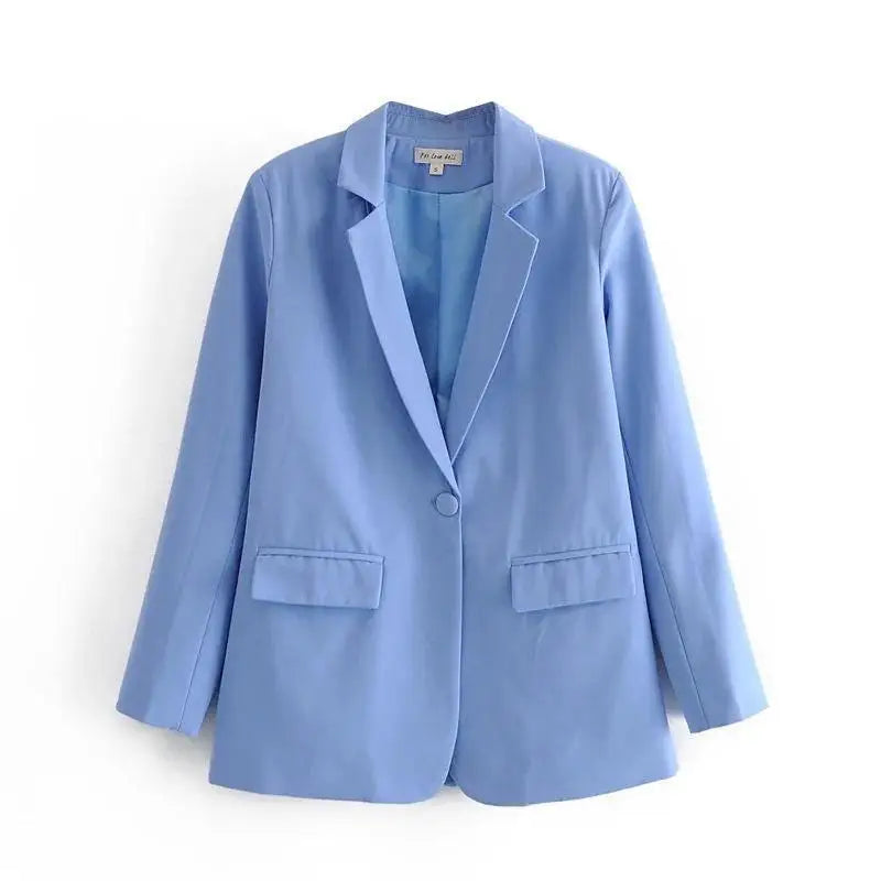 LOVEMI - Blue Single Button Blazer Women's Clothing