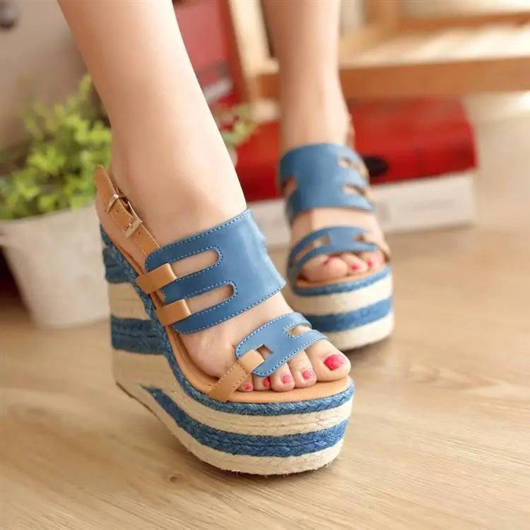 Blue Strappy Wedge Sandals for Summer Style-Blue-1