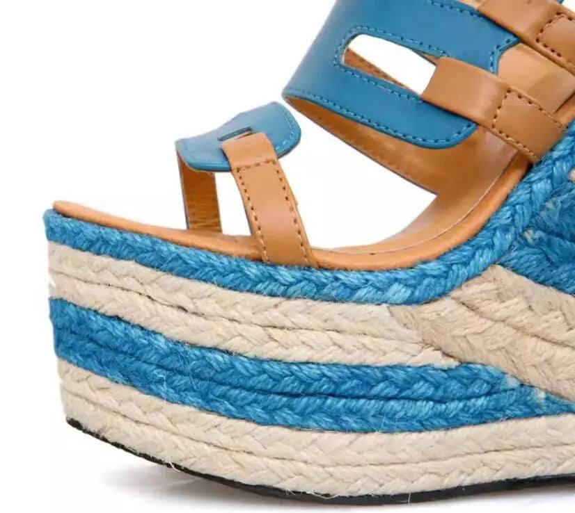 Blue Strappy Wedge Sandals for Summer Style-4