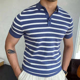 Blue Striped Business Polo Shirt For Men-2