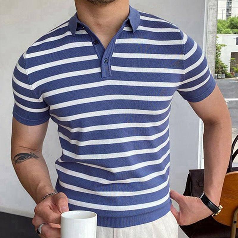 Blue Striped Business Polo Shirt For Men-3