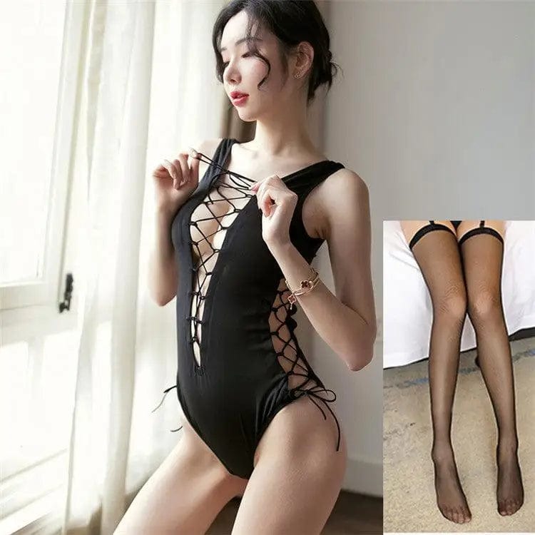 LOVEMI  Bodysuit Blackblackstockings / One size Lovemi -  One-piece Sexy Lingerie High Fork Low-cut Lace-up Swimsuit