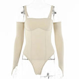 LOVEMI Bodysuit Khaki / S Lovemi -  Slim-fit Solid Color Chest Strap Jumpsuit With Sleeves