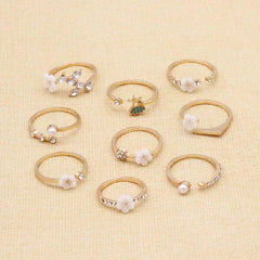 Bohemian Flower Pearl And Diamond 9-piece Ring Joint Ring-Gold-3