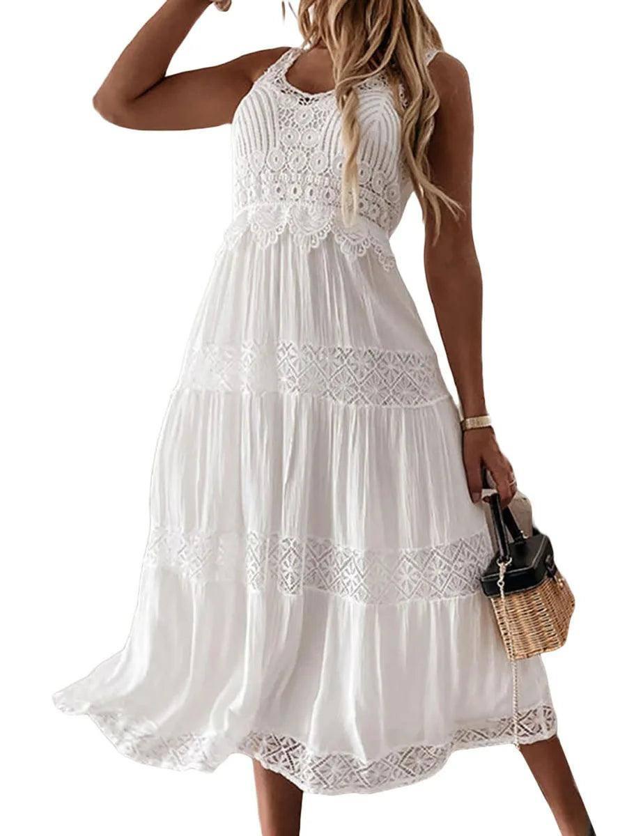 Boho White Eyelet Midi Dress - Off-Shoulder Summer Chic-as shown picture 5-10