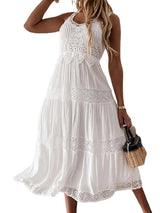 Boho White Eyelet Midi Dress - Off-Shoulder Summer Chic-as shown picture 5-10