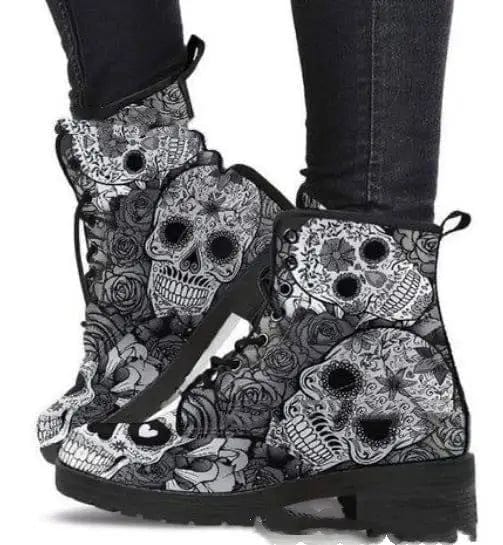LOVEMI  Boots Grey / 7.5 Lovemi -  Women Ankle Boots Low Heels Shoes Woman Vintage Pu Leather Autumn Warm Winter high Snow Boots Motorcycle Skull Pansy