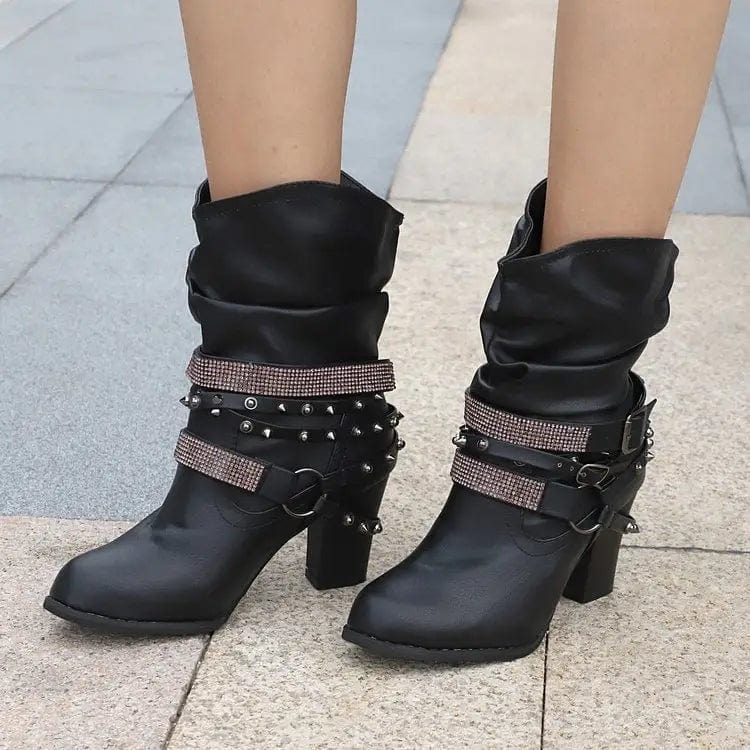 LOVEMI  Bottes Black / 3 Lovemi -  Rhinestone Belt Buckle Women Round Toe Sleeve Women Leather Boots