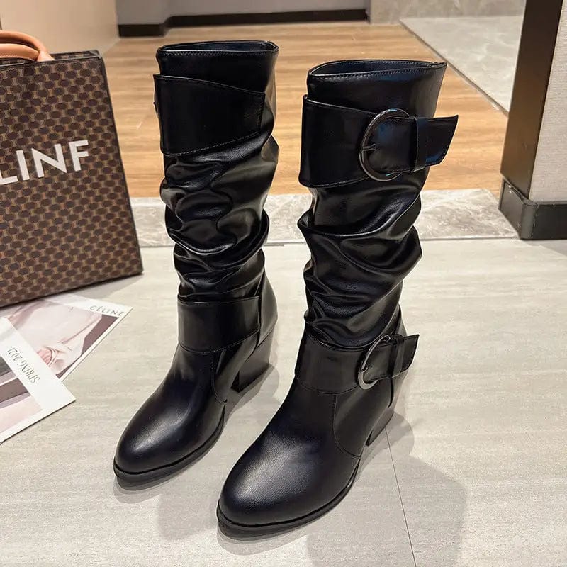 LOVEMI  Bottes Black / 4 Lovemi -  Western Cowboy Boots Women Buckle Chunky Mid Heel Shoes