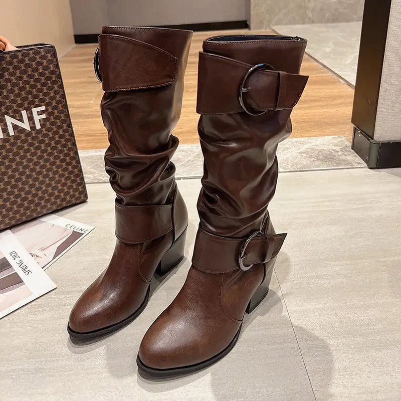 LOVEMI  Bottes Dark brown / 4 Lovemi -  Western Cowboy Boots Women Buckle Chunky Mid Heel Shoes