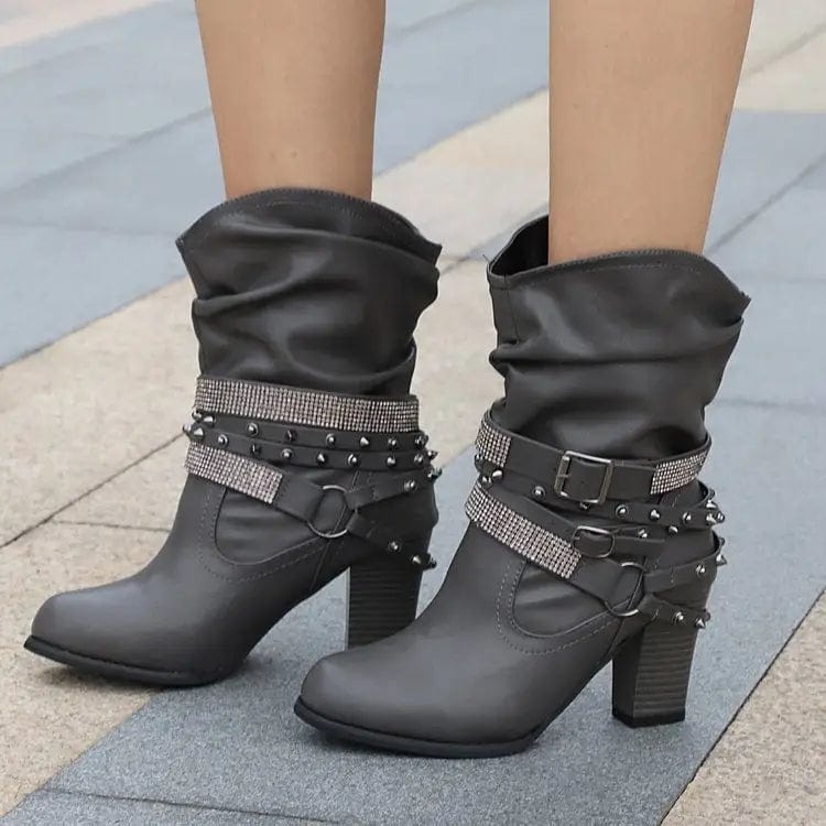 LOVEMI  Bottes Grey / 3 Lovemi -  Rhinestone Belt Buckle Women Round Toe Sleeve Women Leather Boots