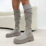 LOVEMI  Bottes Grey / 5 Lovemi -  Lace-Up Platform Boots White Long Cowboy Boots Women