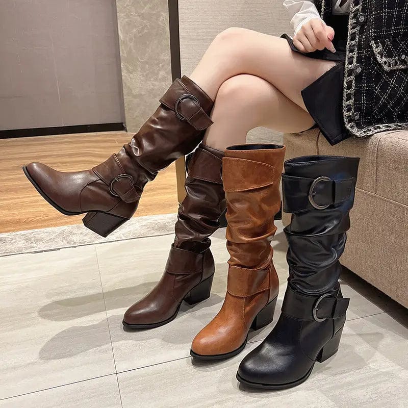 LOVEMI  Bottes Lovemi -  Western Cowboy Boots Women Buckle Chunky Mid Heel Shoes