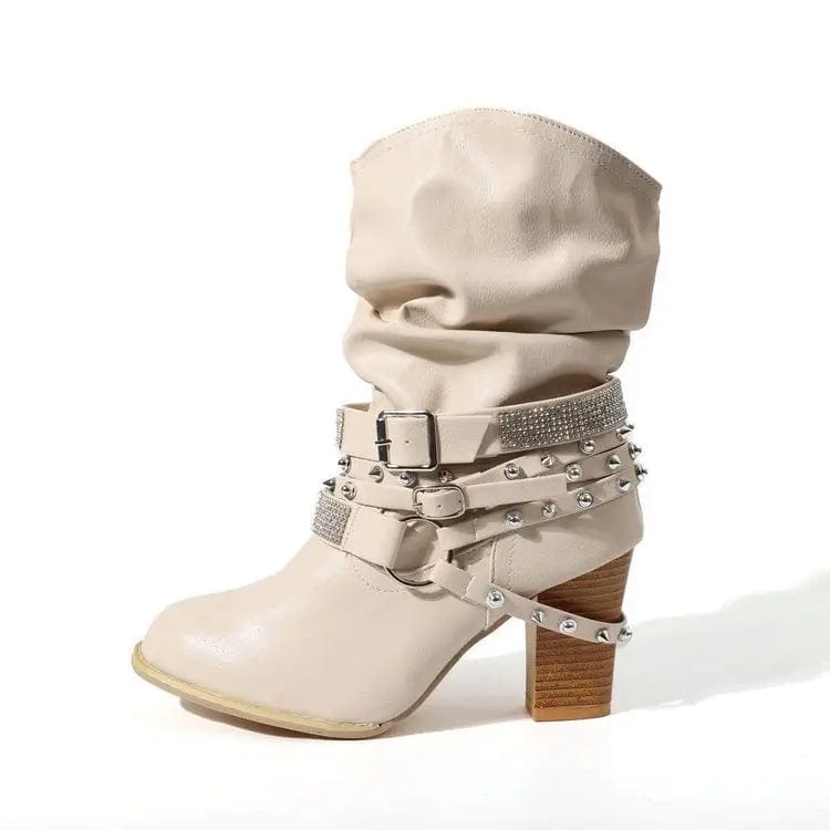 LOVEMI  Bottes White / 3 Lovemi -  Rhinestone Belt Buckle Women Round Toe Sleeve Women Leather Boots
