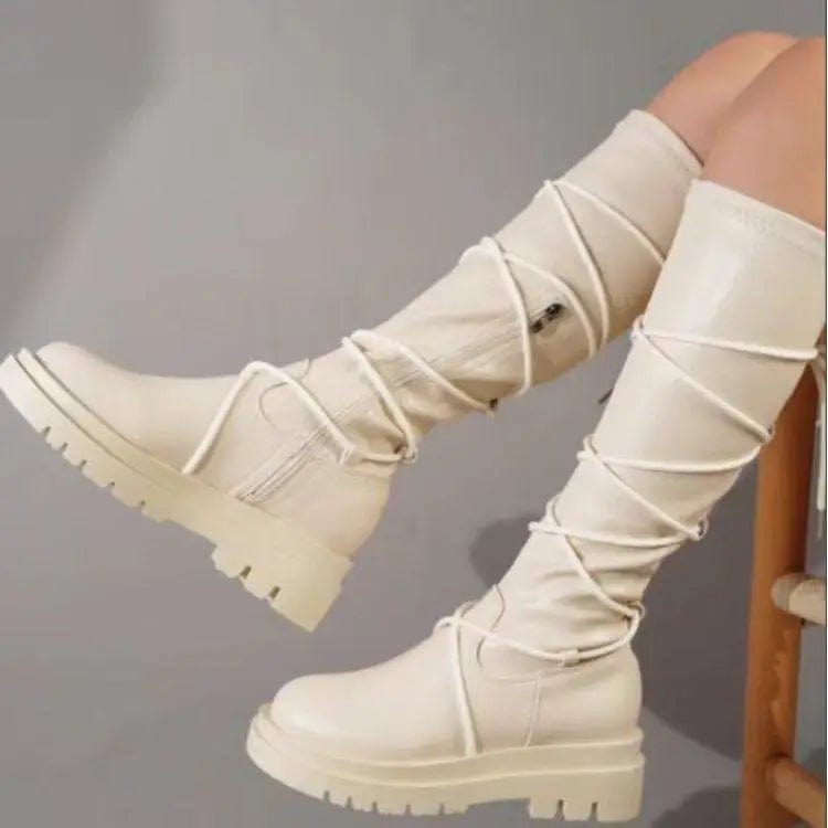 LOVEMI  Bottes White / 5 Lovemi -  Lace-Up Platform Boots White Long Cowboy Boots Women