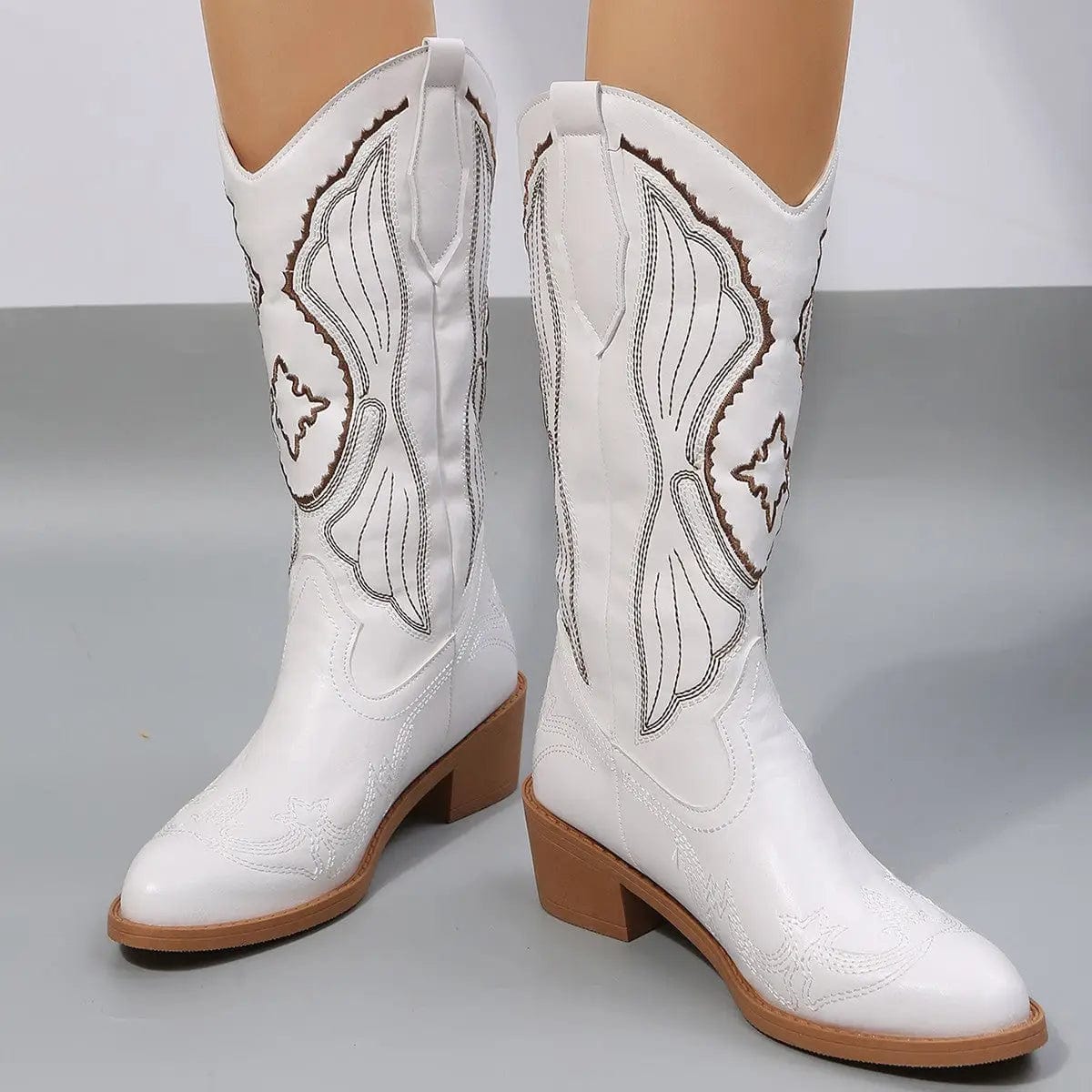 LOVEMI  Bottes White / 5 Lovemi -  Western Cowboy Boots Women Wing Embroidery Shoes Low Heel