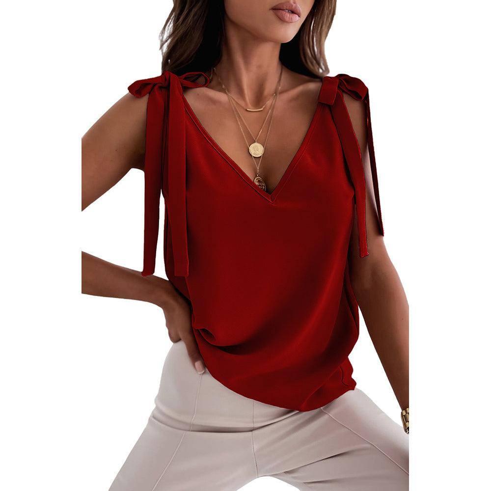 Bowknot Tie Up Camisole V-neck Shirts Women Summer-Red-6