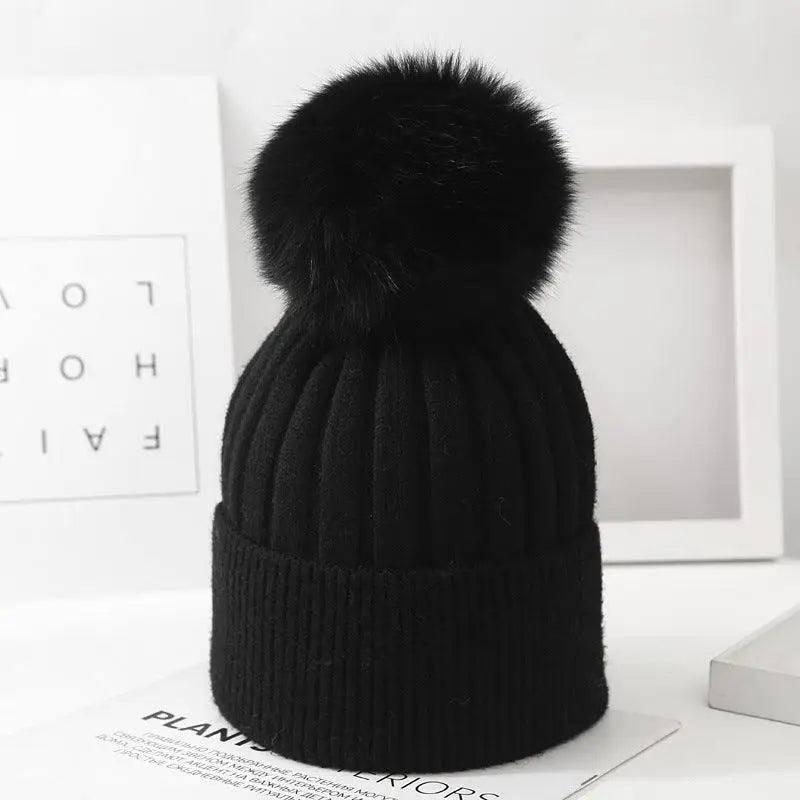 Boys And Girls Woolen Fox Fur Ball Knit Hat-Black-2