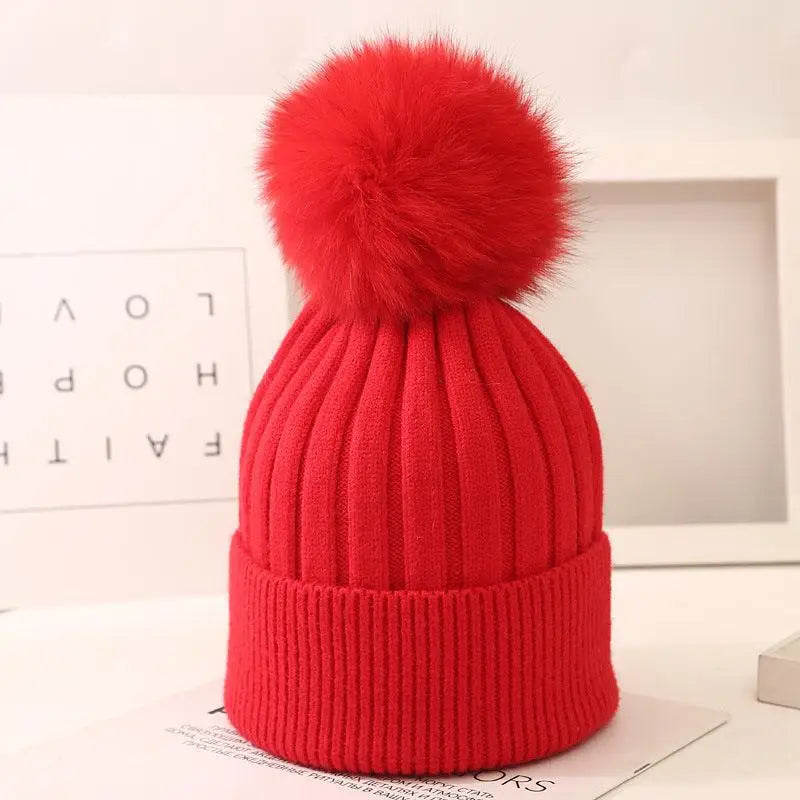LOVEMI - Boys And Girls Woolen Fox Fur Ball Knit Hat