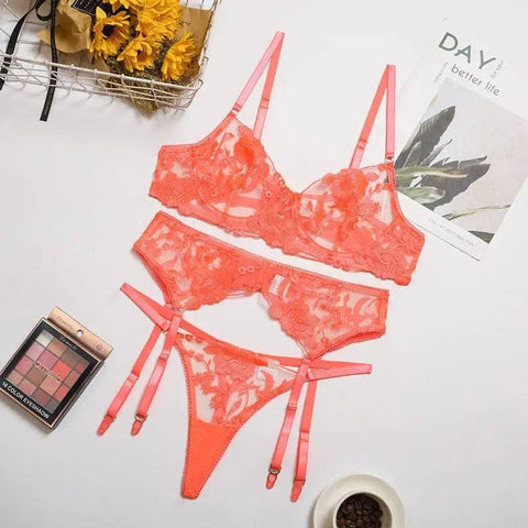Bra And Panty Set Women Underwear Lace Lingerie 3pcs Cup See-2