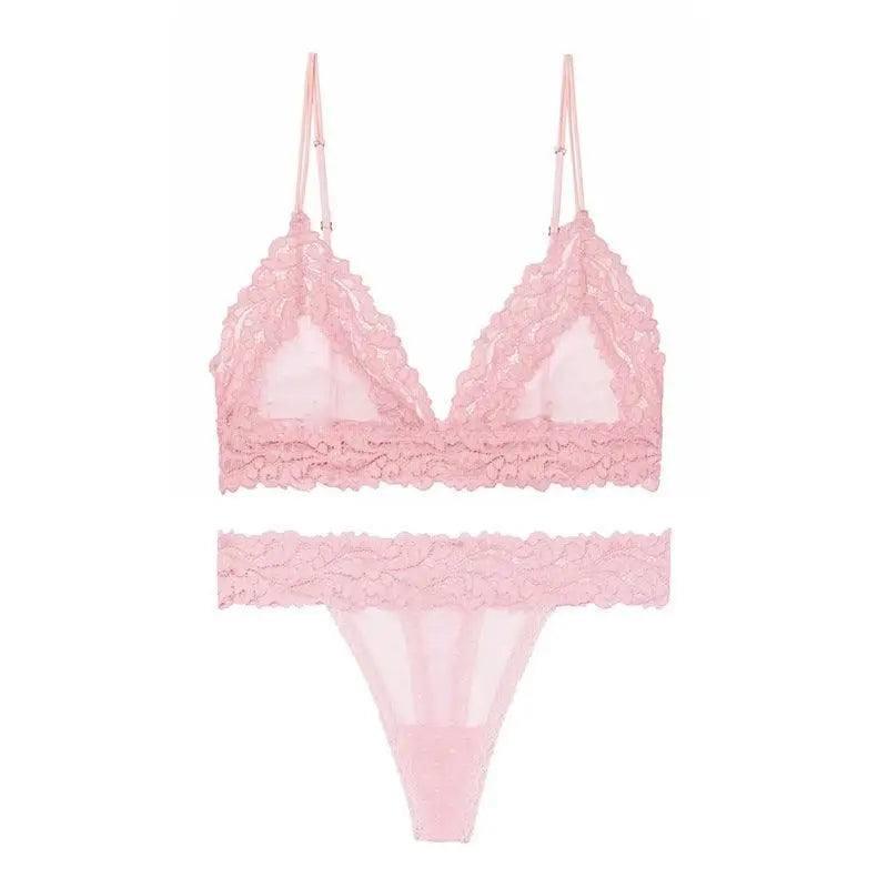 Bra-Set Brassiere Sex-Lingerie-Set Mesh Bralette Lace T-Back-Pink-1