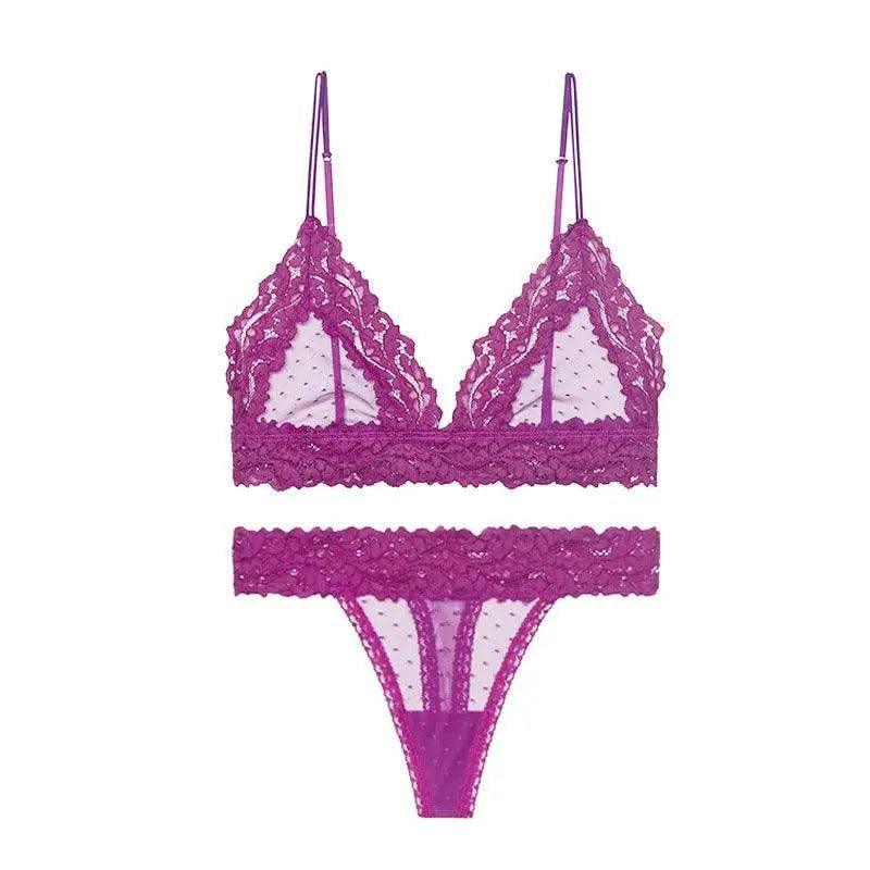 Bra-Set Brassiere Sex-Lingerie-Set Mesh Bralette Lace T-Back-Purple-3