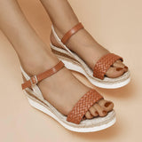 Braided Linen Wedge Sandals-Brown-1
