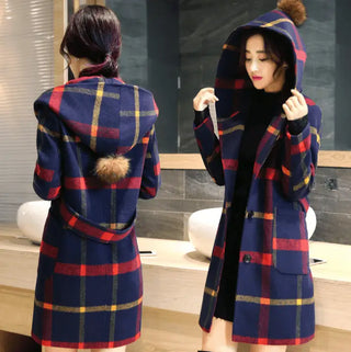 LOVEMI - British College wind wool coat plaid long hooded woolen coat